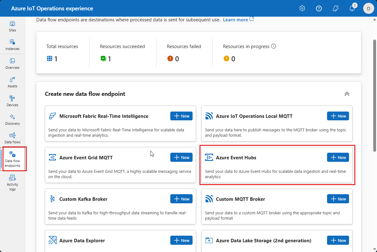 Screenshot of the data flow endpoints page.