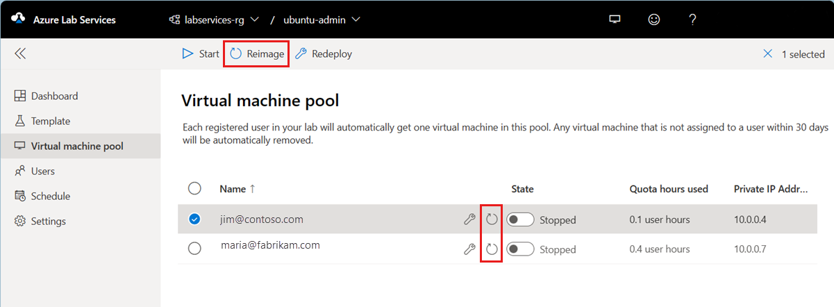 Screenshot that shows the virtual machine pool in the Lab Services web portal, highlighting the Reimage button.