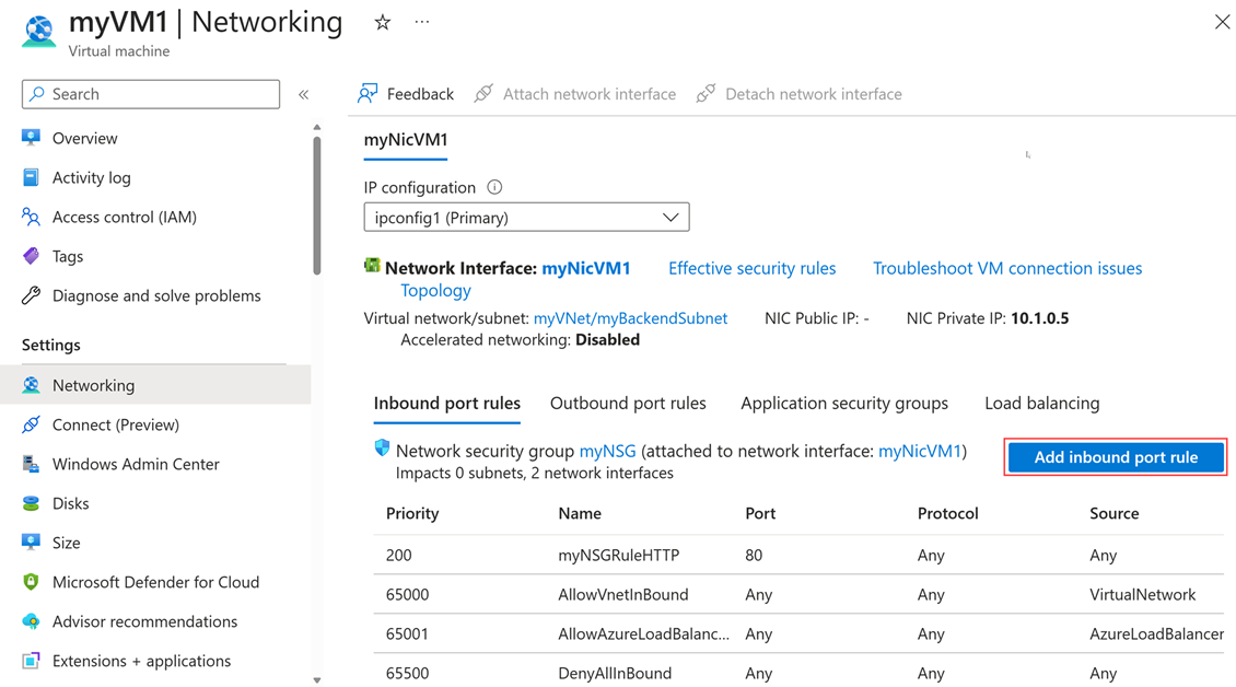 Screenshot of Virtual network page listing port rules and selection of add outbound port rule button.