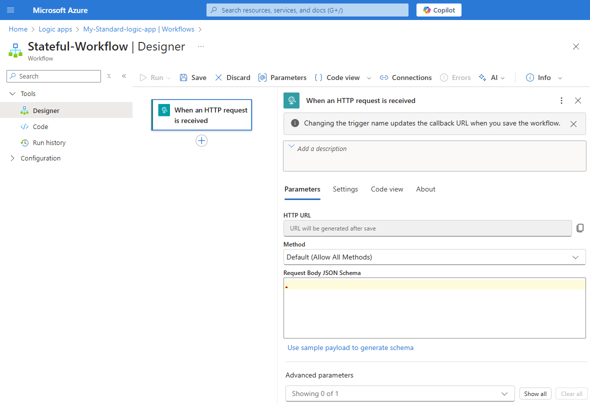 Screenshot shows the Request trigger for a Standard workflow.