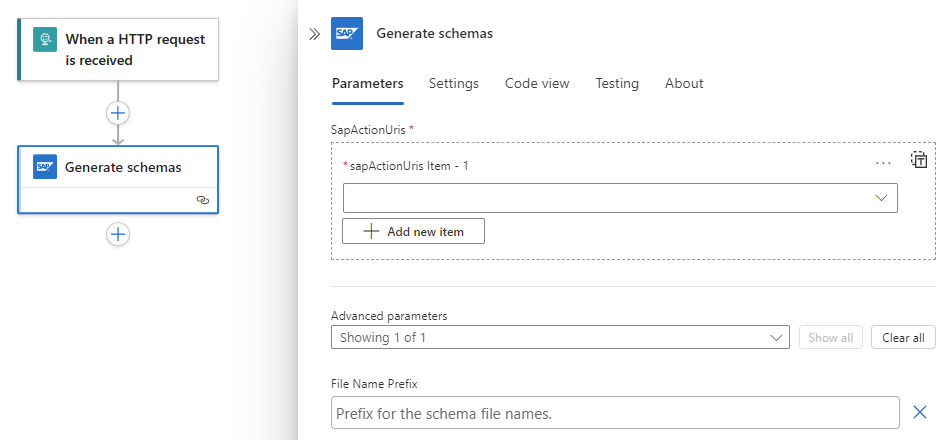 Screenshot shows Consumption workflow and SAP managed action named Generate schemas.