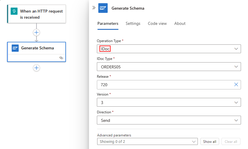 Screenshot shows Standard workflow, Generate Schema action, and IDoc artifact information.