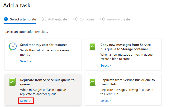 Screenshot showing the "Add a task" pane with "Replicate from Service Bus queue to queue" template selected.