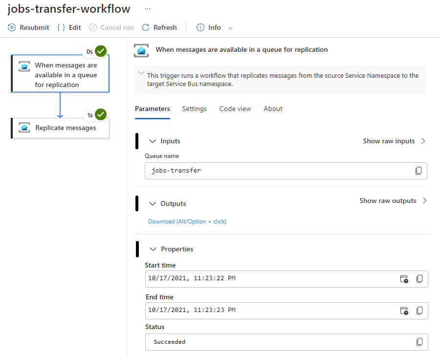 Screenshot showing the workflow's run details with the trigger's inputs, outputs, and properties.