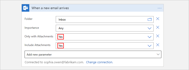 Screenshot shows Azure portal, Consumption workflow, and properties selected to check for and include attachments.
