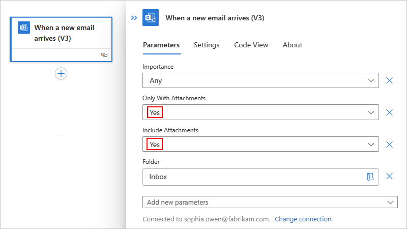 Screenshot shows Azure portal, Standard workflow, and properties selected to check for and include attachments.