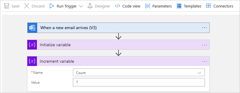 Screenshot shows Azure portal, Consumption workflow, and action named Increment variable.