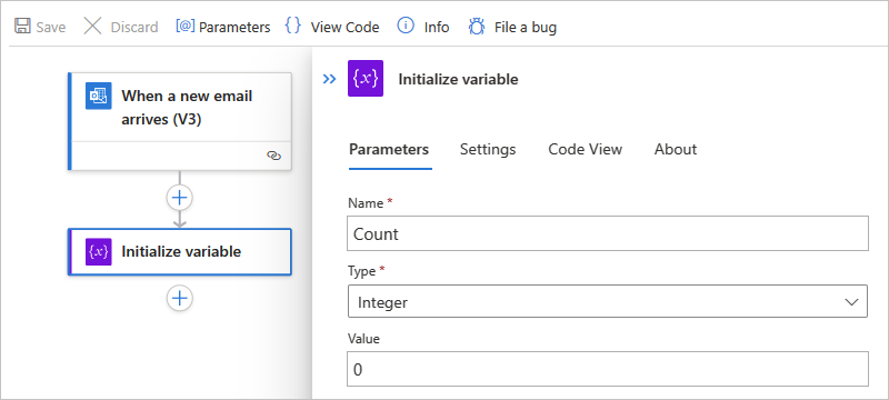 Screenshot shows Azure portal, Standard workflow, and action named Initialize variable.