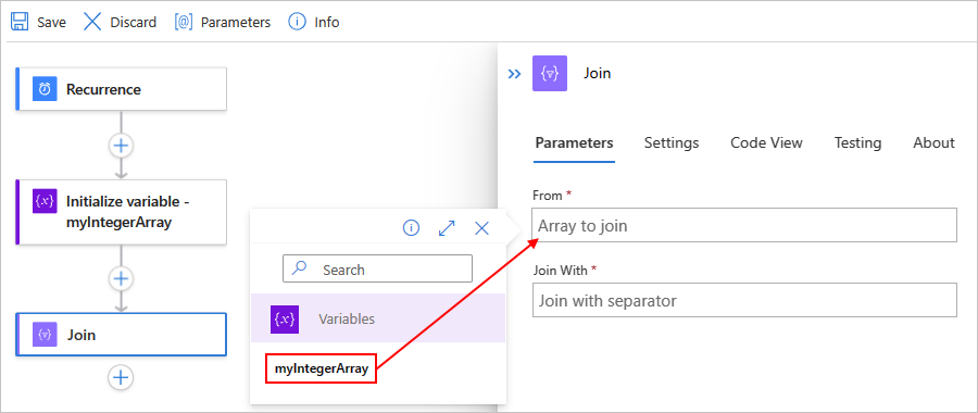 Screenshot showing the designer for a Standard workflow, the "Join" action, and the selected input to use.