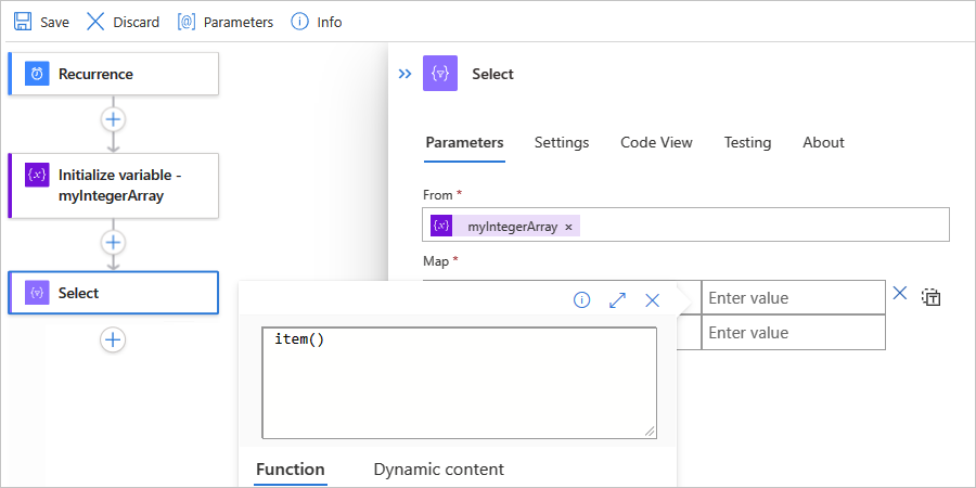 Screenshot showing the designer for a Standard workflow, the "Select" action, and the JSON object property and values to create the JSON object array.