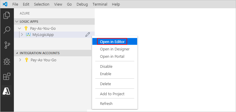 Open editor for existing logic app