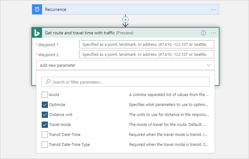 Screenshot that shows the "Get route..." action with the "Optimize", "Distance unit", and "Travel mode" properties selected.