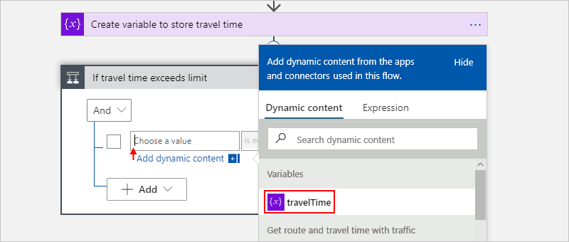 Screenshot that shows the "Choose a value" box on the condition's left side with the dynamic content list open and the "travelTime" property selected.