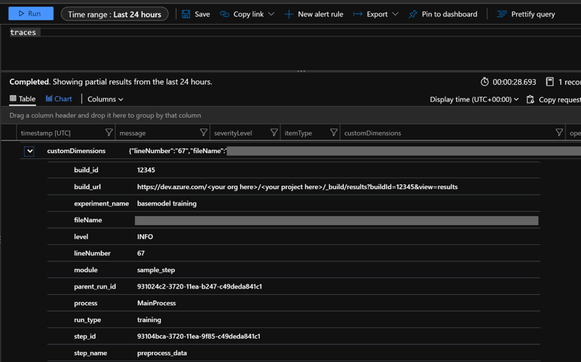 Application Insights Query result