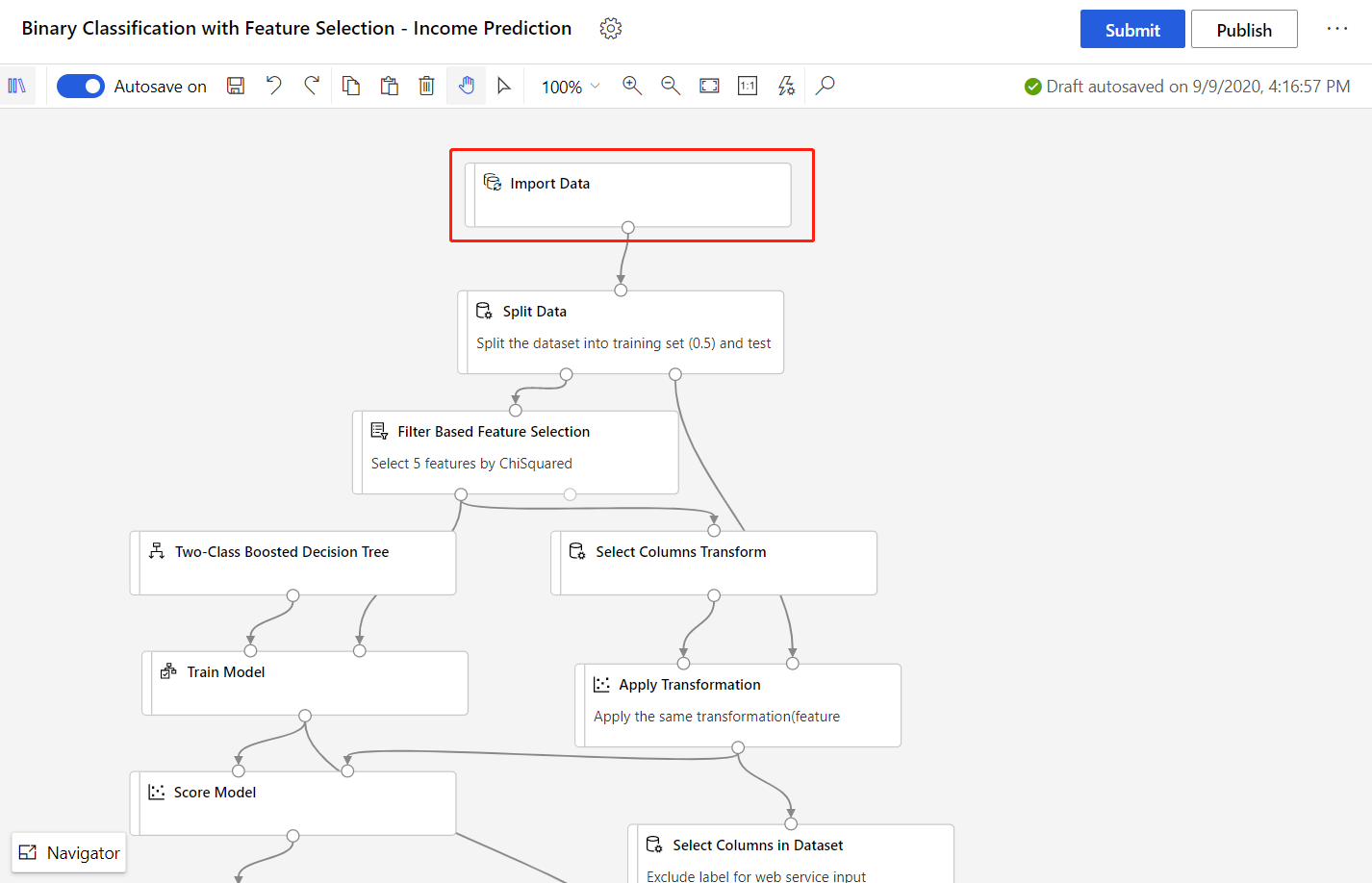 Screenshot that shows the modified sample pipeline with a box highlighting the Import Data component