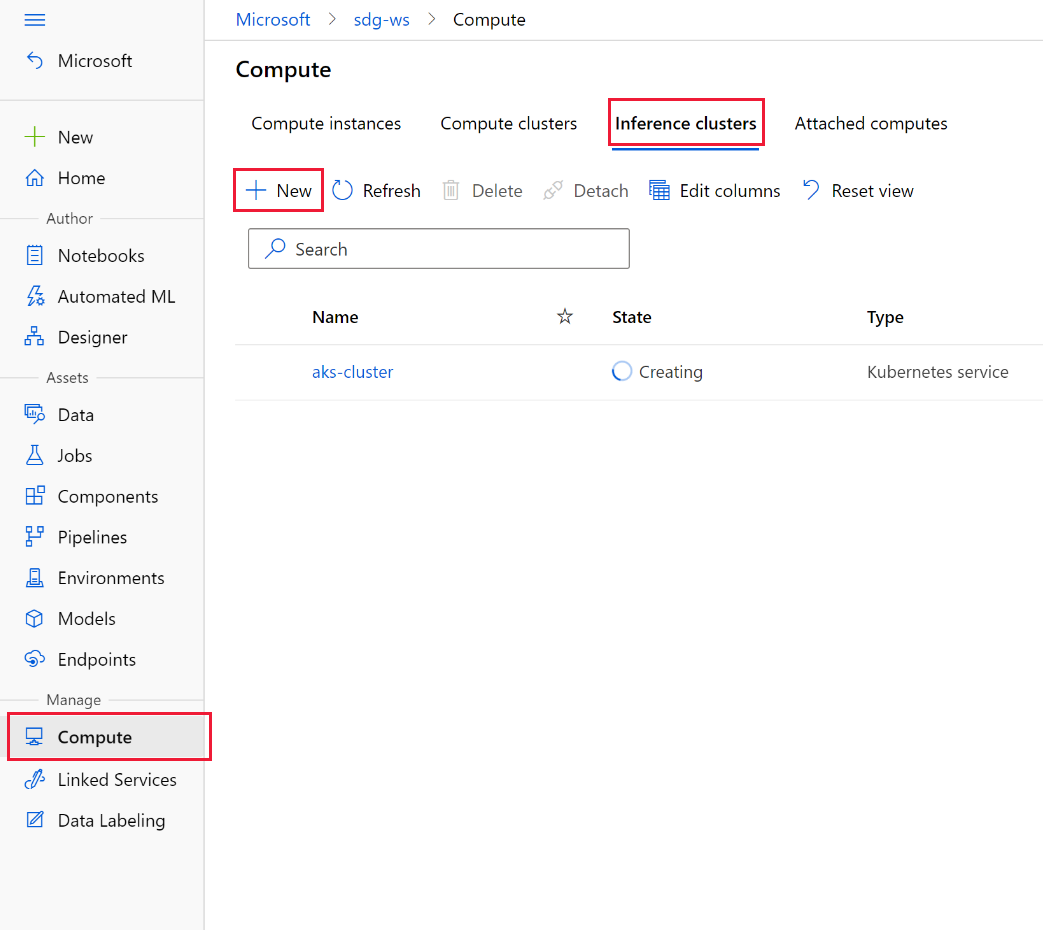 Screenshot showing how to get to the new inference cluster pane.