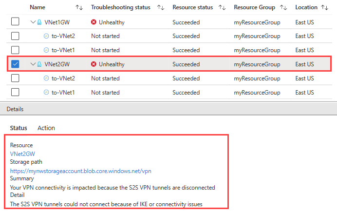 Screenshot shows the status of a gateway and results of VPN troubleshoot test in the Azure portal after troubleshooting completed.