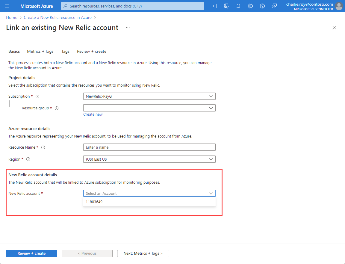 Screenshot that shows the tab for basic information about linking an existing New Relic account.