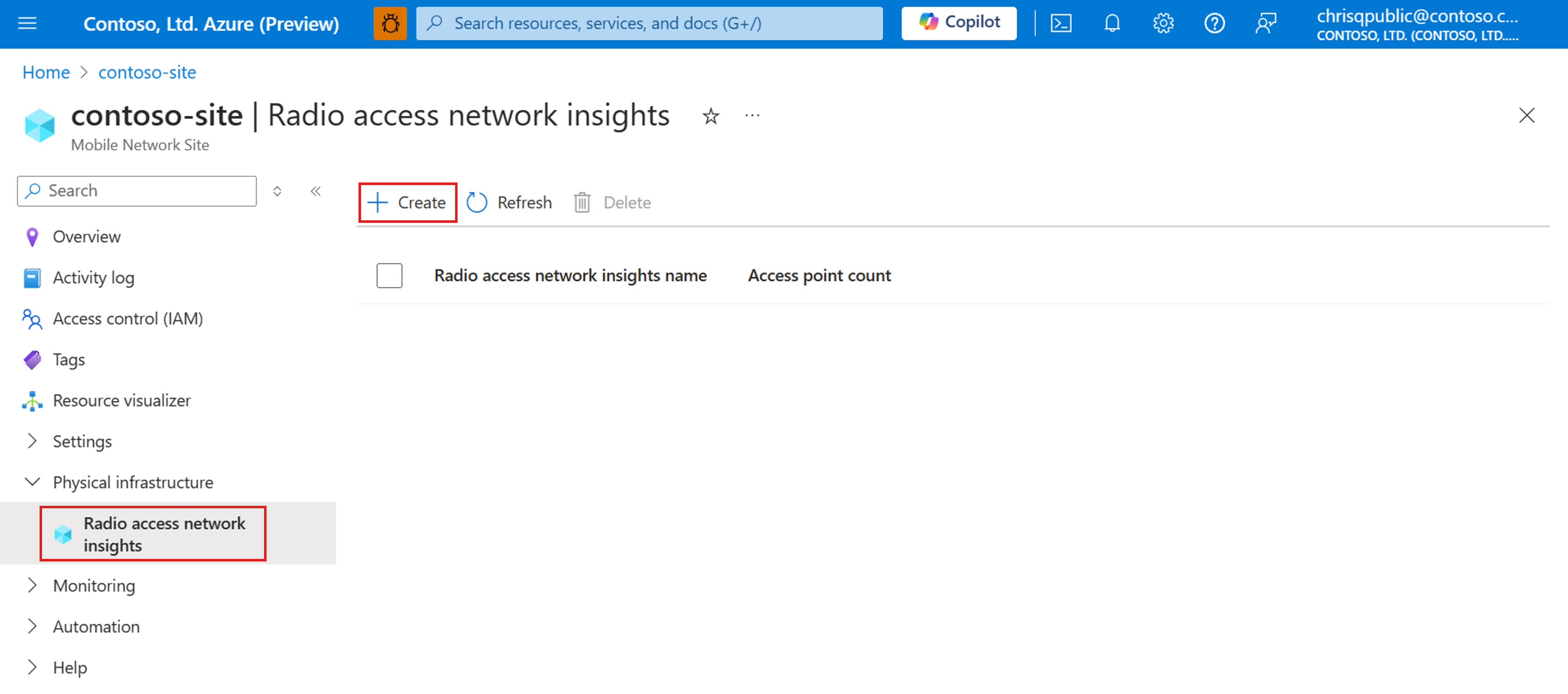 Screenshot of the Azure portal showing creating a RAN insight resource on the site resource.