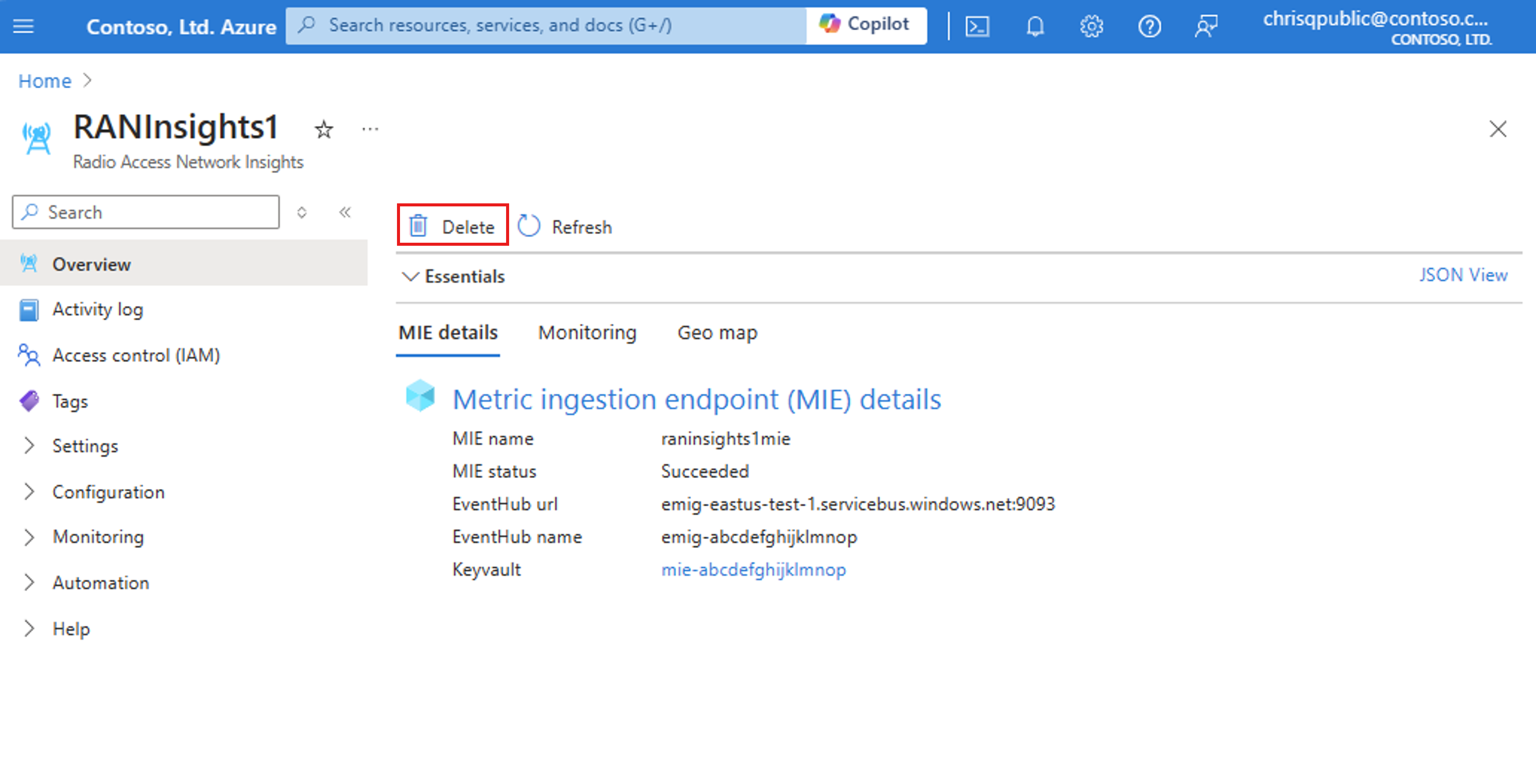 Screenshot of the Azure portal showing deleting a RAN insight resource on the RAN insight resource.