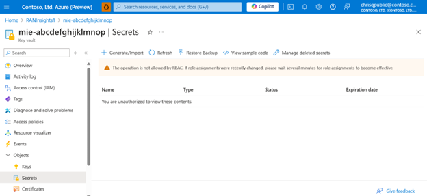 Screenshot of the Azure portal showing operation not allowed for key vault.