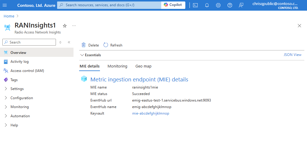 Screenshot of the Azure portal showing a RAN insight resource MIE details.