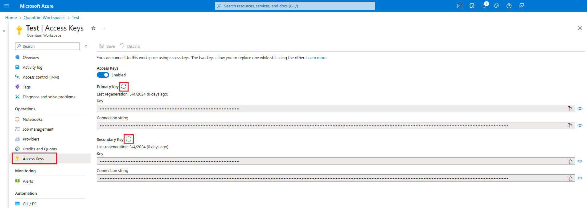 Screenshot of Azure portal showing how to regenerate primary and secondary Access Keys.