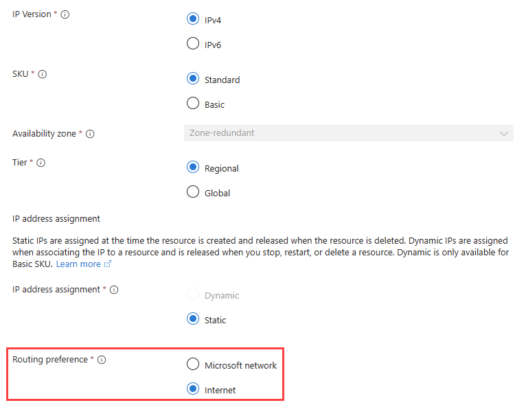 Screenshot showing internet routing preference configuration for a public IP address in the Azure portal.