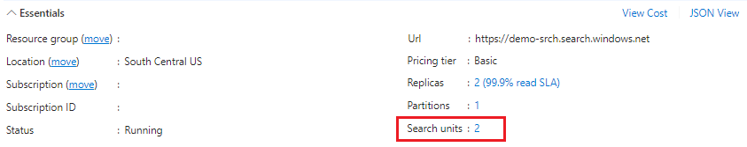 Screenshot of the essentials section of the overview page, showing search units.