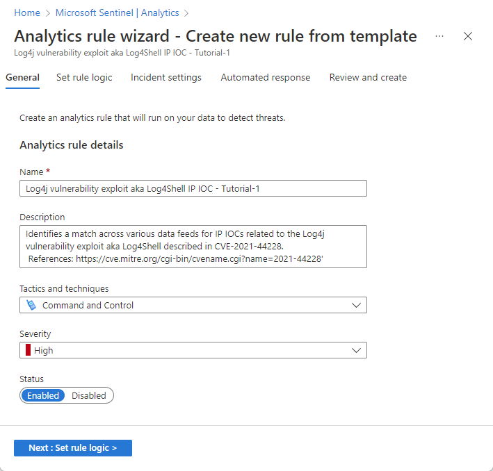Screenshot of the General tab of the Analytics rule wizard.
