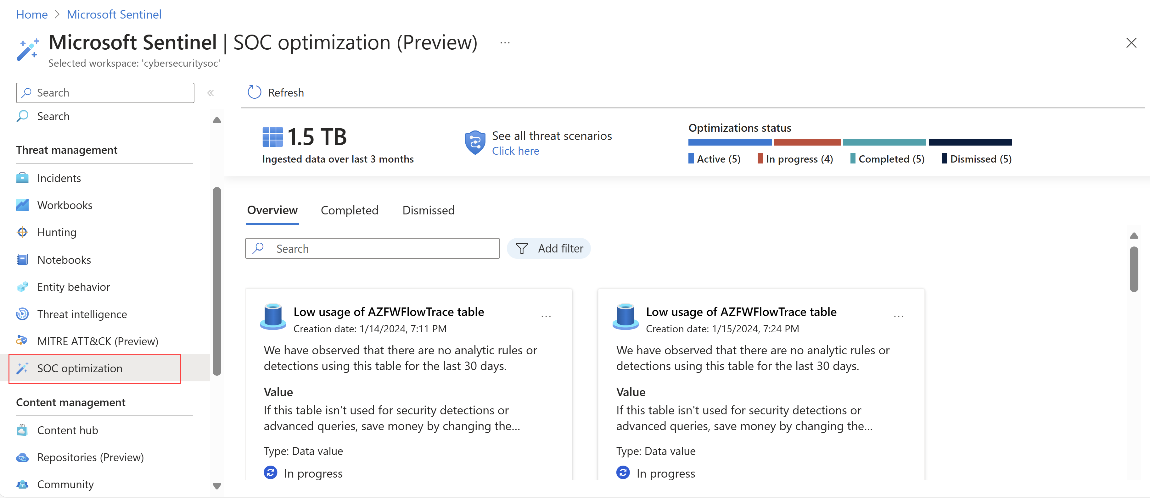 Screenshot of the SOC optimization page in the Azure portal.