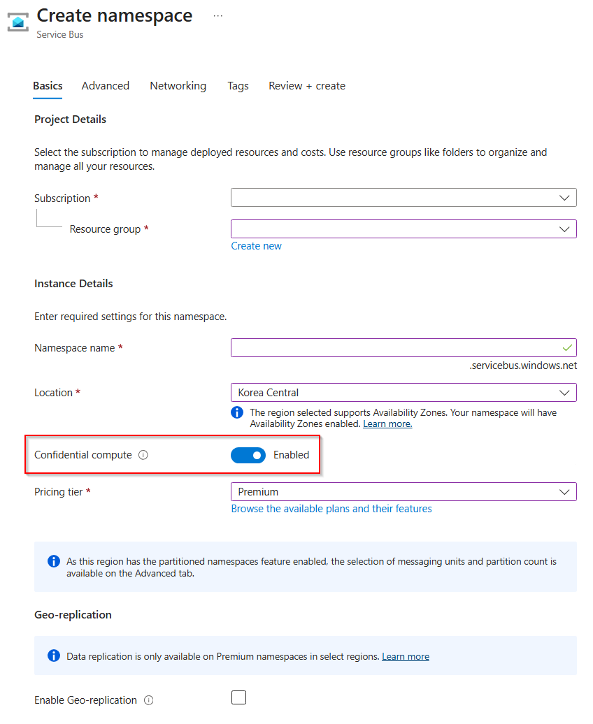 Screenshot showing the Create namespace page with the Confidential compute toggle enabled.