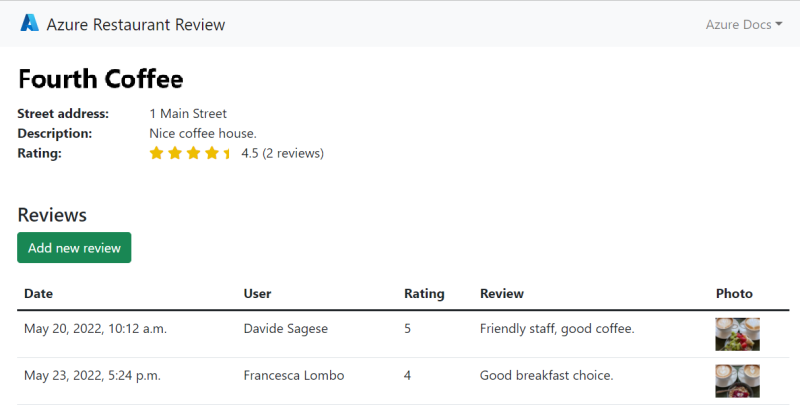 Screenshot of the sample restaurant review web app showing a restaurant entry with a customer review and an uploaded photo.