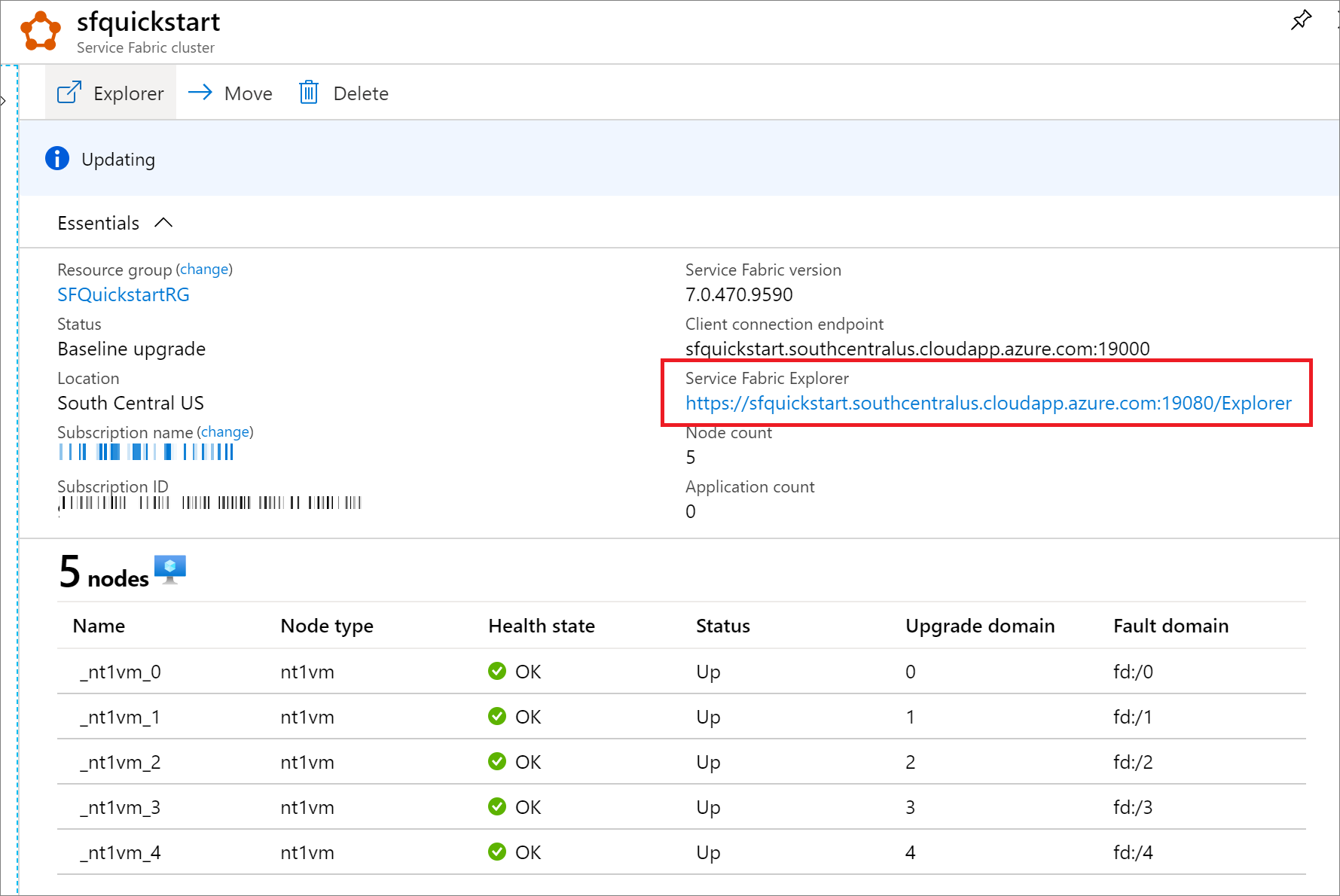 Screenshot of the Service Fabric resource blade showing Service Fabric Explorer endpoint.