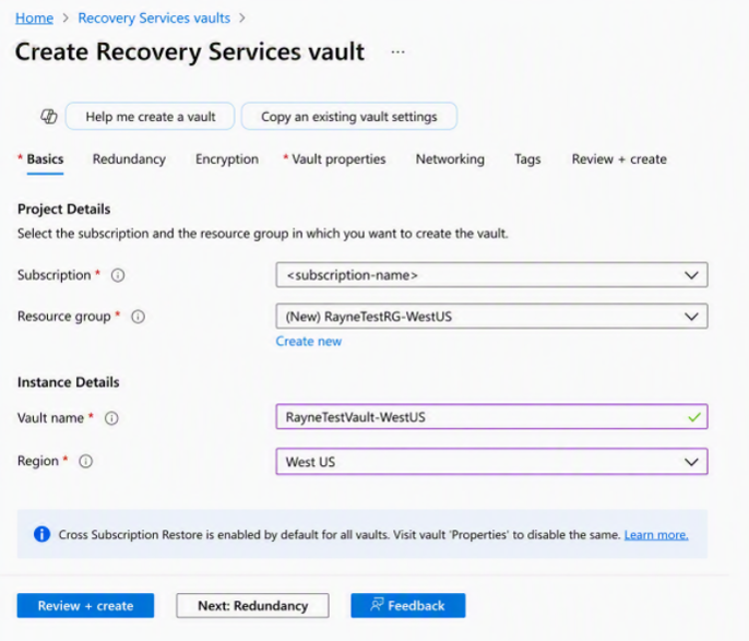 Screenshot of Create Recovery Services vault page.