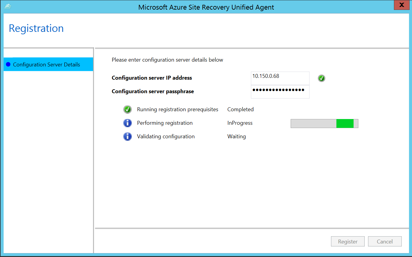 Screenshot that shows where to enter the IP address and passphrase for the configuration server