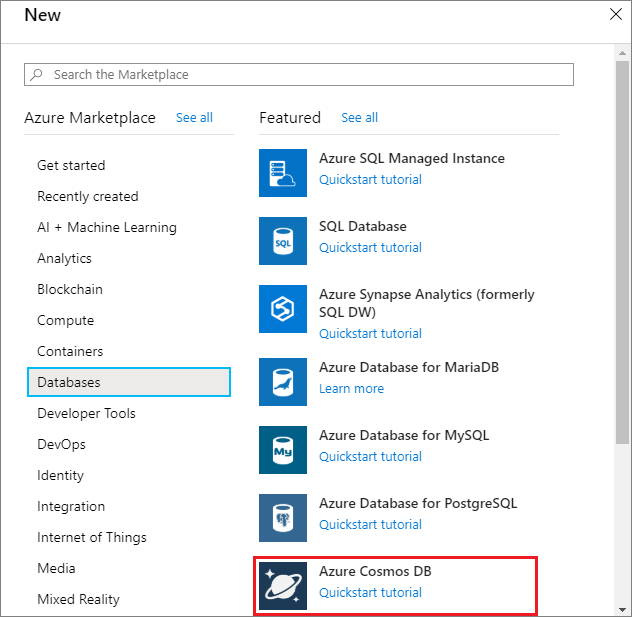 The Azure portal Databases pane