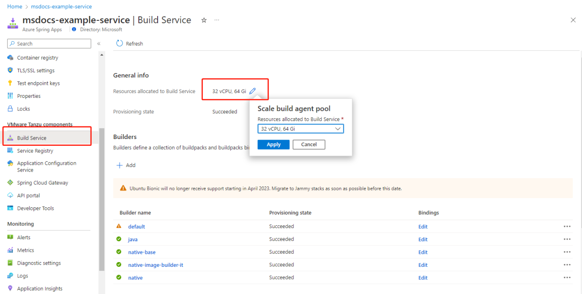 Screenshot of Azure portal showing Azure Spring Apps Build Service page with 'General info' highlighted.