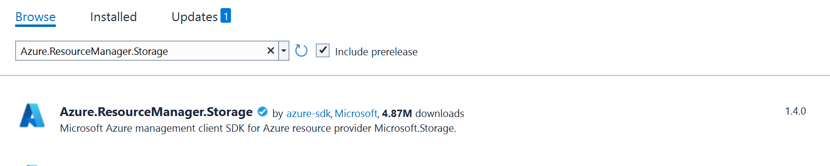A screenshot showing how to add the Azure.ResourceManager.Storage package using Visual Studio.