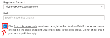 An Azure portal section of the create server endpoint wizard is shown. A checkbox is highlighted that corresponds to the scenario of seeding the Azure file share with data. Check this box if you connect AFS to the same on-prem location from where you copied onto Data Box before.