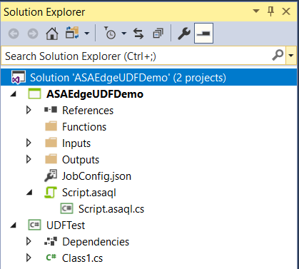 Screenshot of an Azure Stream Analytics IoT Edge project in Visual Studio.