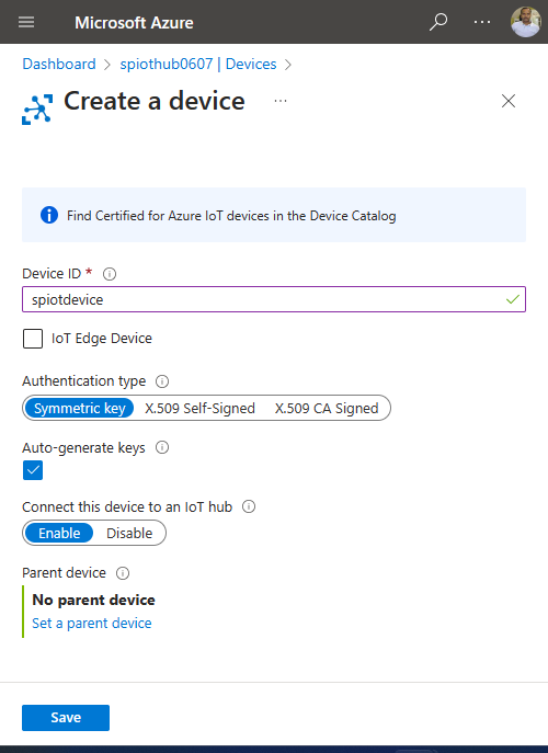 Screenshot showing the Create a device page.