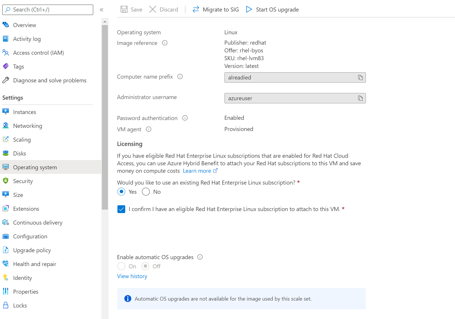 Screenshot of the Azure Hybrid Benefit pane for the operating system after you create a virtual machine.