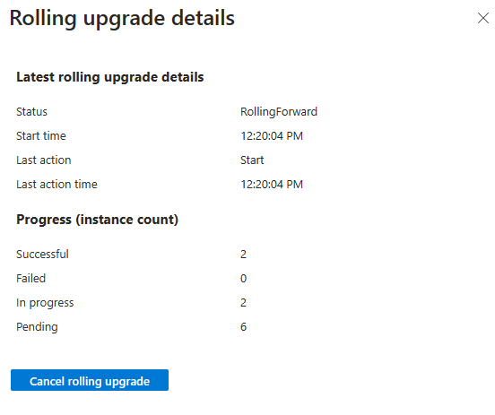 Screenshot showing the rolling upgrade details in the Activity Log.