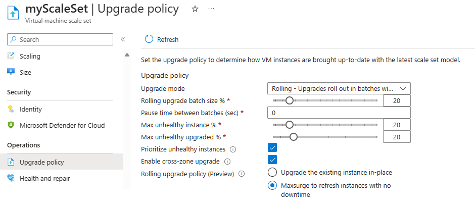 Screenshot showing changing the upgrade policy and enabling MaxSurge in the Azure portal.