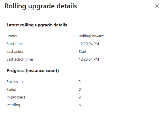 Screenshot showing details of the rolling upgrade in the Azure portal.