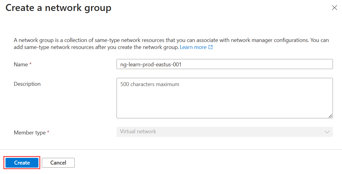 Screenshot of the Basics tab on Create a network group page.