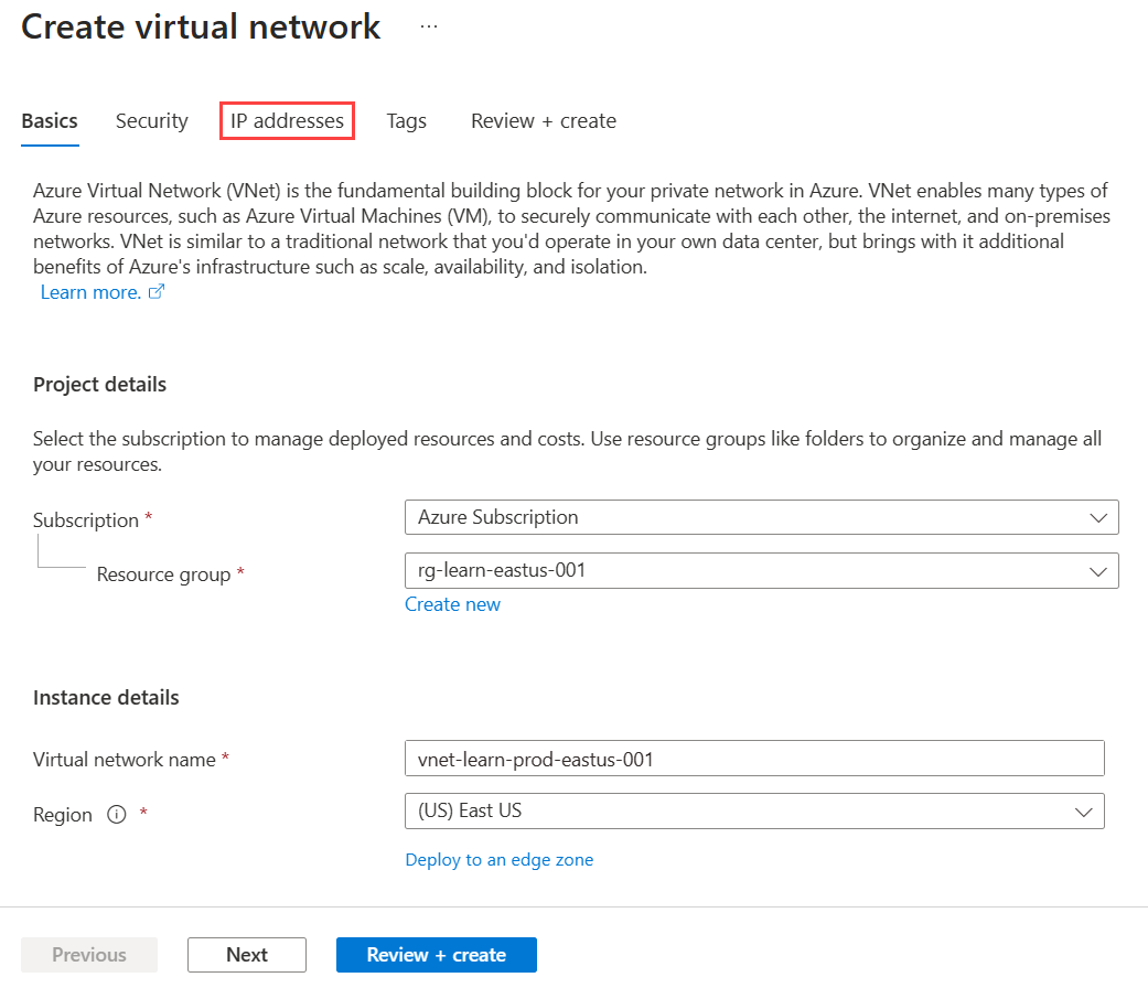 Screenshot of basics tab for hub and spoke virtual network.
