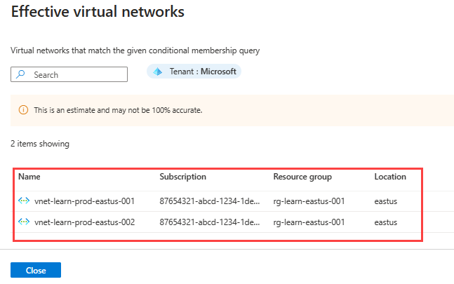 Screenshot of Effective virtual networks page with results of conditional statement.