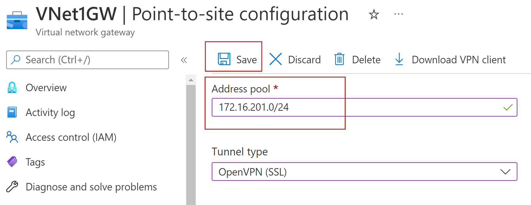 Screenshot of client address pool.